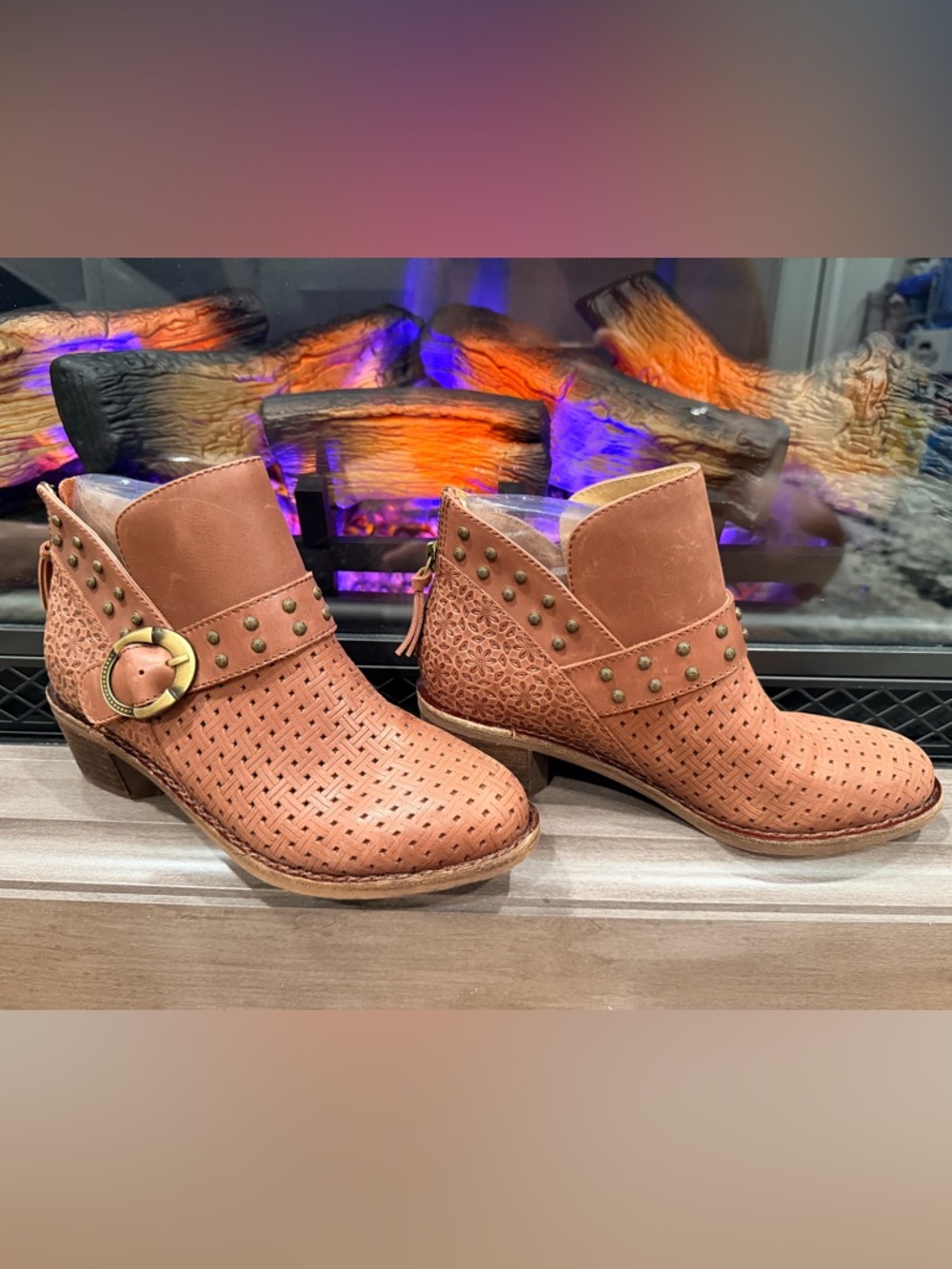 Halsa Footwear Tan Perforated Ankle Booties with Studded Strap